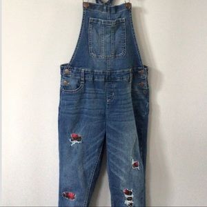 JUSTICE Girls Denim Overalls Red Plaid Patchsize16